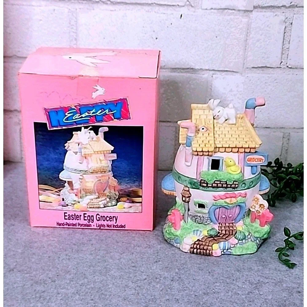 Easter Egg Village Porcelain Buildings Grocery Hotel Police Station‎ 4 Pc Set